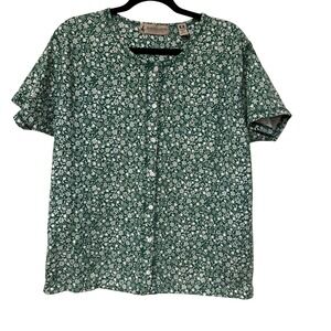 MARSH LANDING Vintage 90's 100% Cotton Floral Green Button Up Shirt Size L